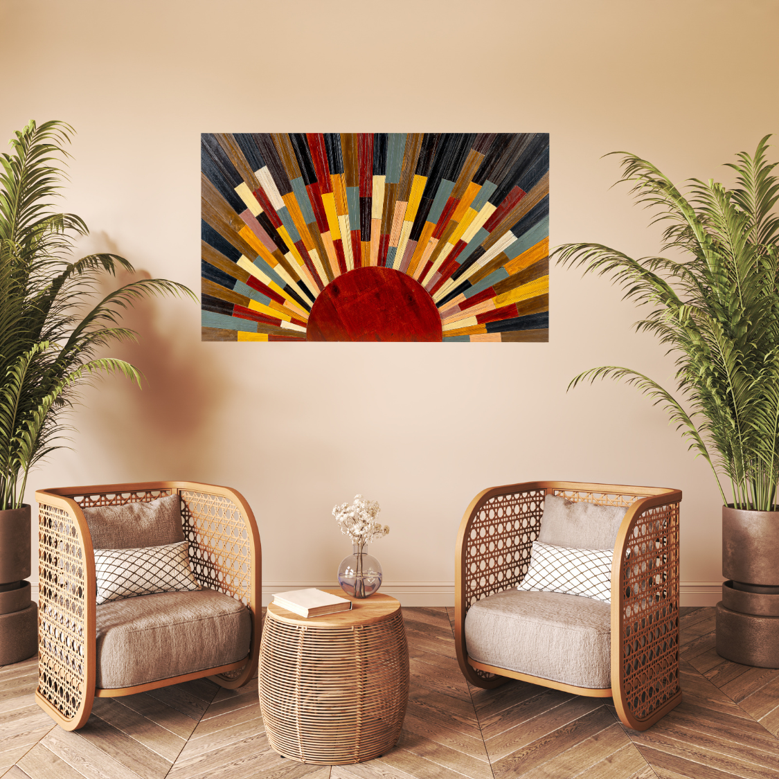 Handmade Sun Wood Painting – Exquisite Pine Wood Art