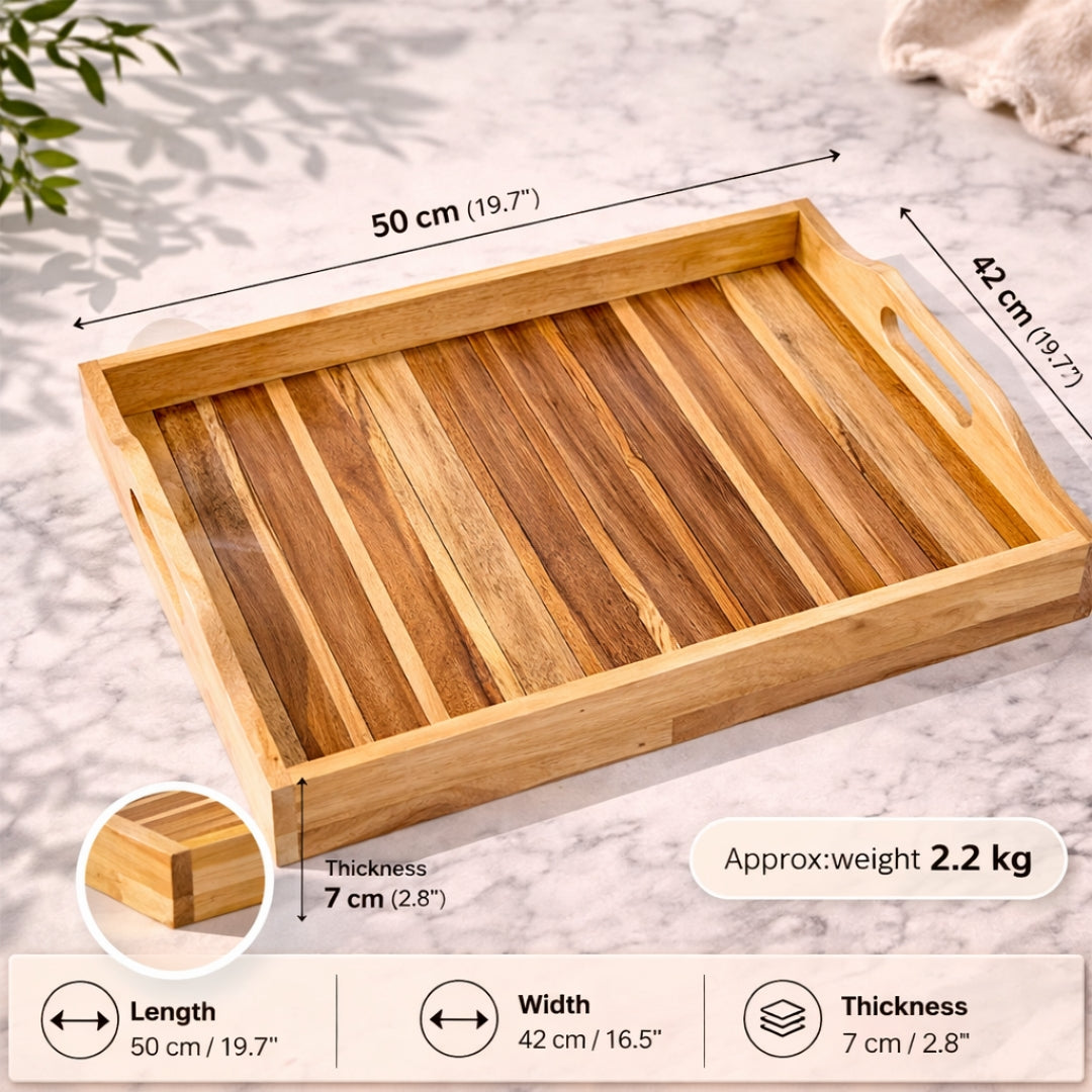 Acacia Wood Serving Tray with Solid Wood Inlay | Gift for Christmas and Family, Housewarming, Anniversary, Home Decor | WDTRAY06