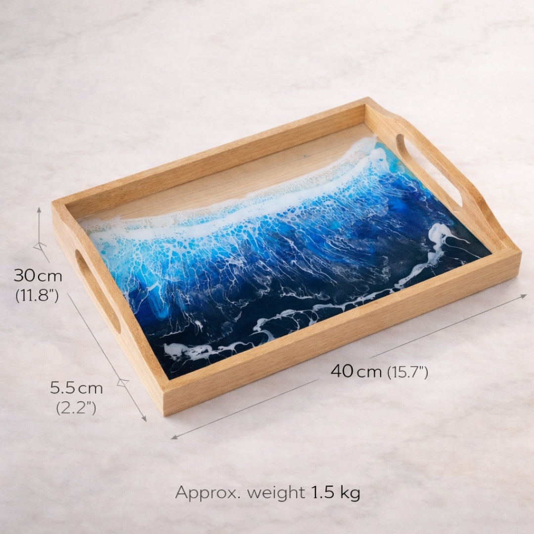 Rectangular Coastal Ocean Resin Tray – Handmade Acacia Wood | Home Decor, Housewarming Gift, Anniversary Gift | WDTRAY05
