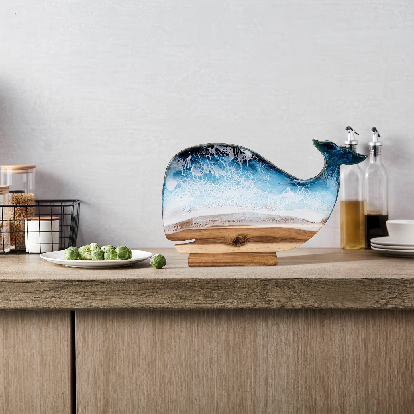 Whale Shape Decor in Blue Board - Handcrafted Acacia Wood Art