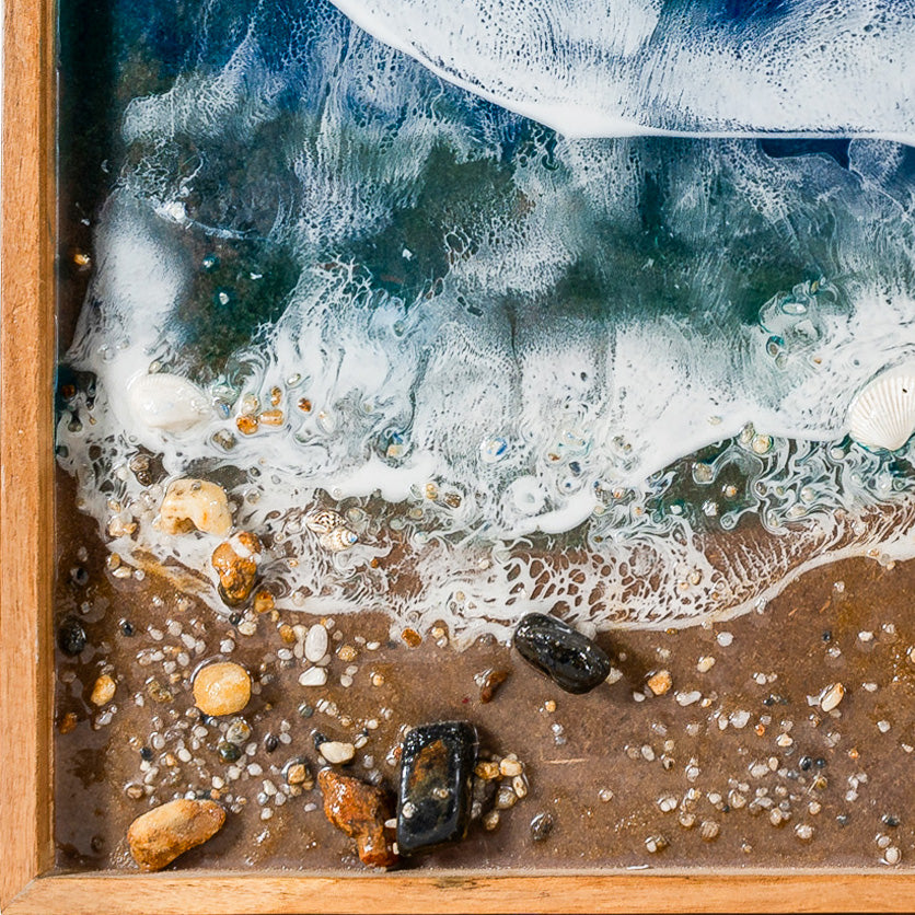 Ocean-Inspired Epoxy Wall Art with Natural Sand and Wood Frame