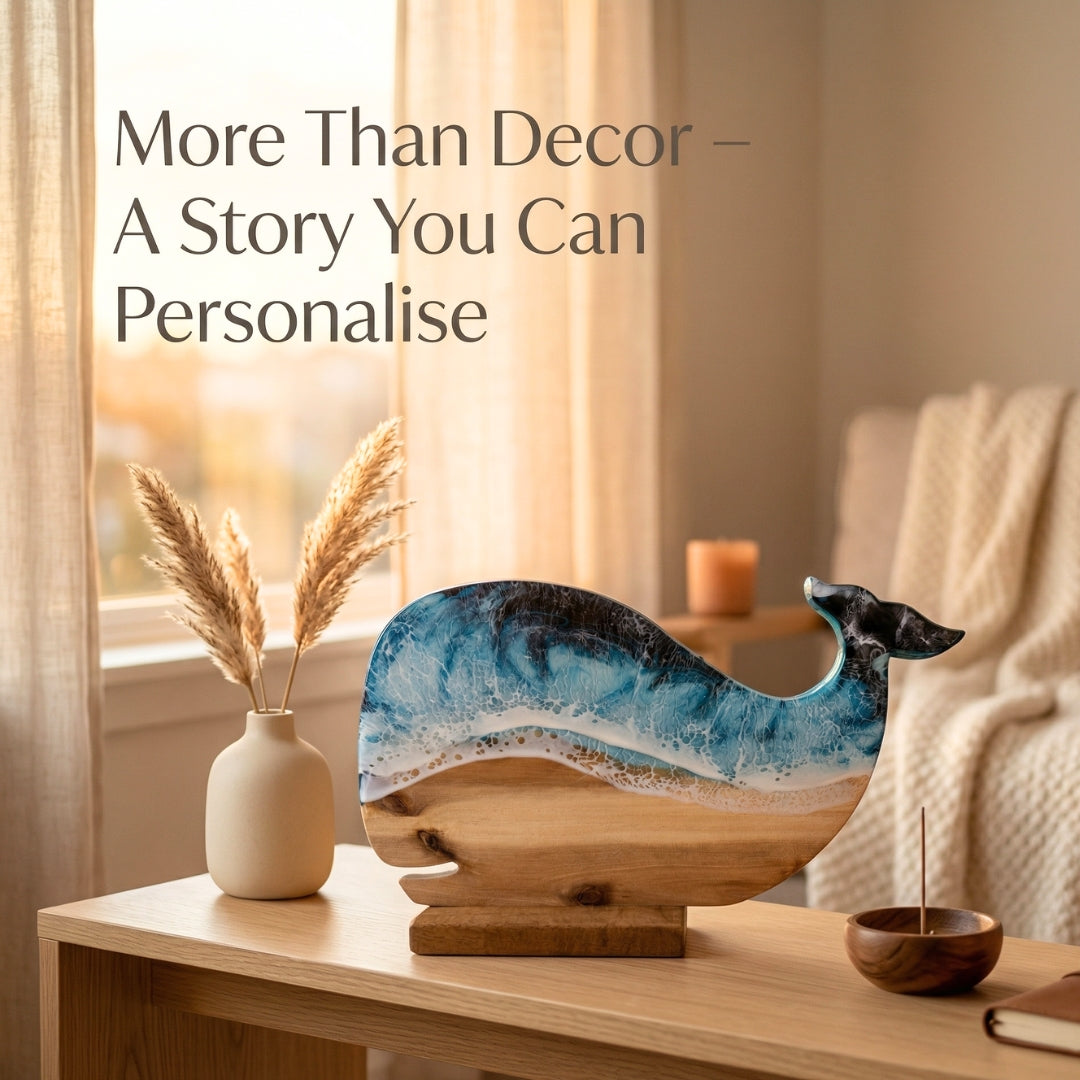 Wooden Whale Decor, Ocean Resin Art, Custom Engraved Coastal Home Housewarming Gift | WDWF1