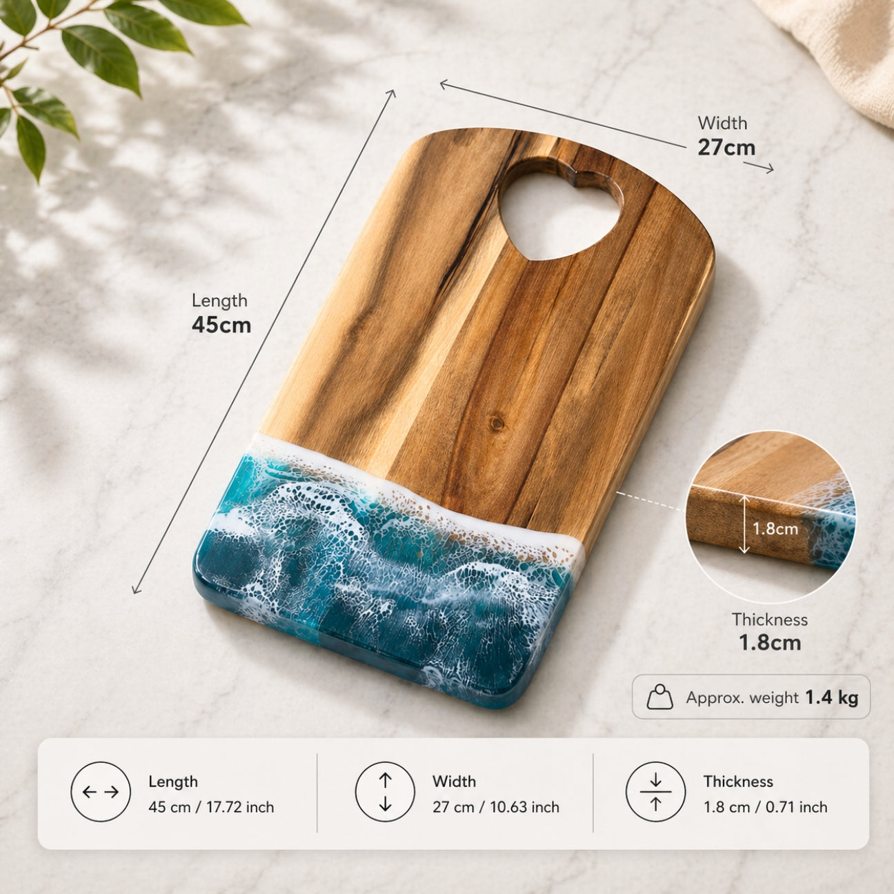 Ocean Heart Chopping Board – Handmade Acacia Serving Board with Ocean Resin Art | Personalized Gift | WDCTBH2
