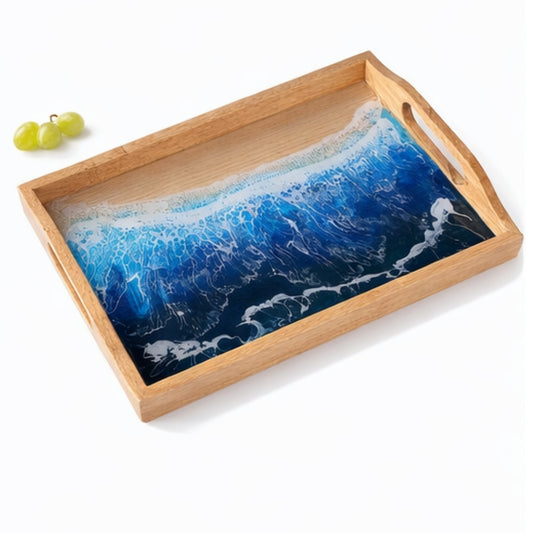 Rectangular Coastal Ocean Resin Tray – Handmade Acacia Wood | Home Decor, Housewarming Gift, Anniversary Gift | WDTRAY05