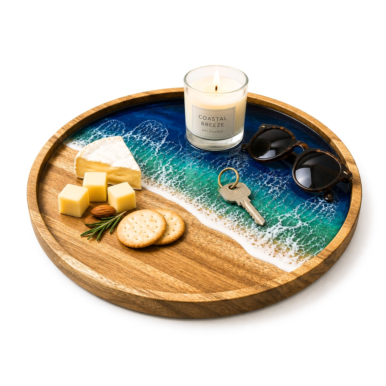Ocean Resin Round Serving Tray – Handmade Acacia Wood | Housewarming Gift, Anniversary Gift | WDTRAY82
