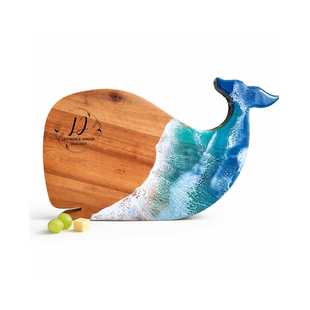 Whale Chopping Board – Handmade Acacia Serving Board with Ocean Resin Art | Personalized Gift | WDCTBF3