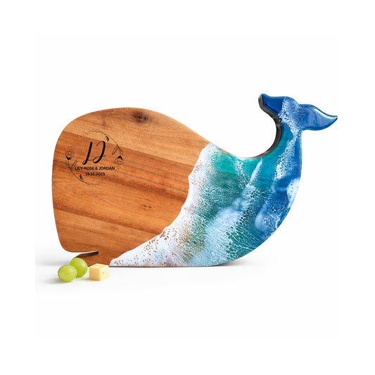Whale Chopping Board – Handmade Acacia Serving Board with Ocean Resin Art | Personalized Gift | WDCTBF3