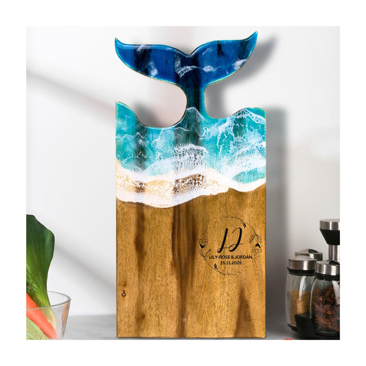 Whale Tail Ocean Resin Chopping Board – Coastal Acacia Wood Serving Board | Personalized Gift | WDCTBF1