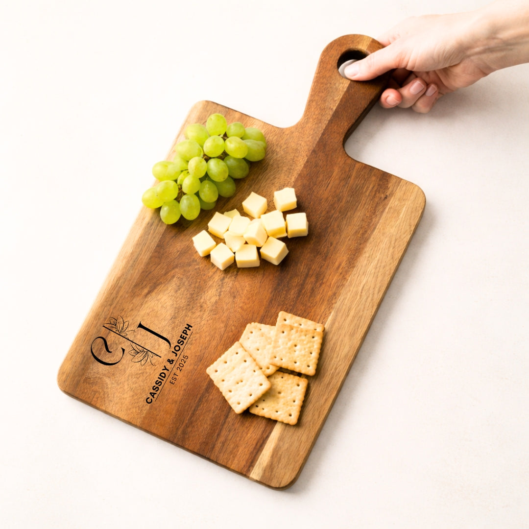 Acacia Wood Chopping Board with Handle – Rustic Serving Board | Personalized Gift | WDCTB03