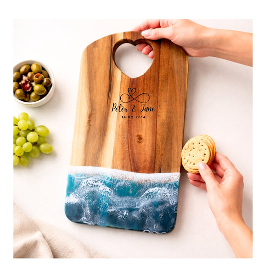 Ocean Heart Chopping Board – Handmade Acacia Serving Board with Ocean Resin Art | Personalized Gift | WDCTBH2