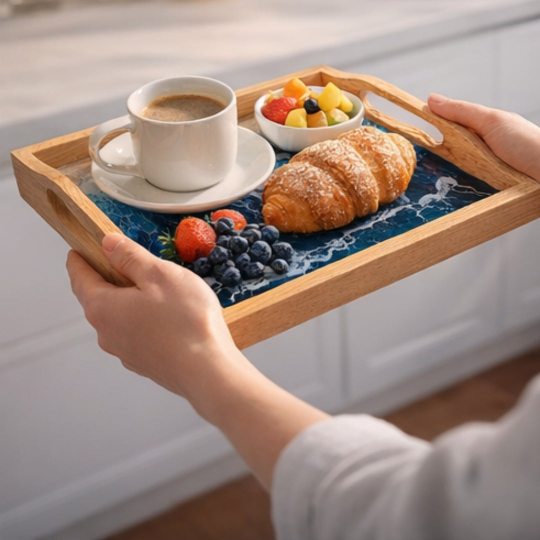 Rectangular Coastal Ocean Resin Tray – Handmade Acacia Wood | Home Decor, Housewarming Gift, Anniversary Gift | WDTRAY05