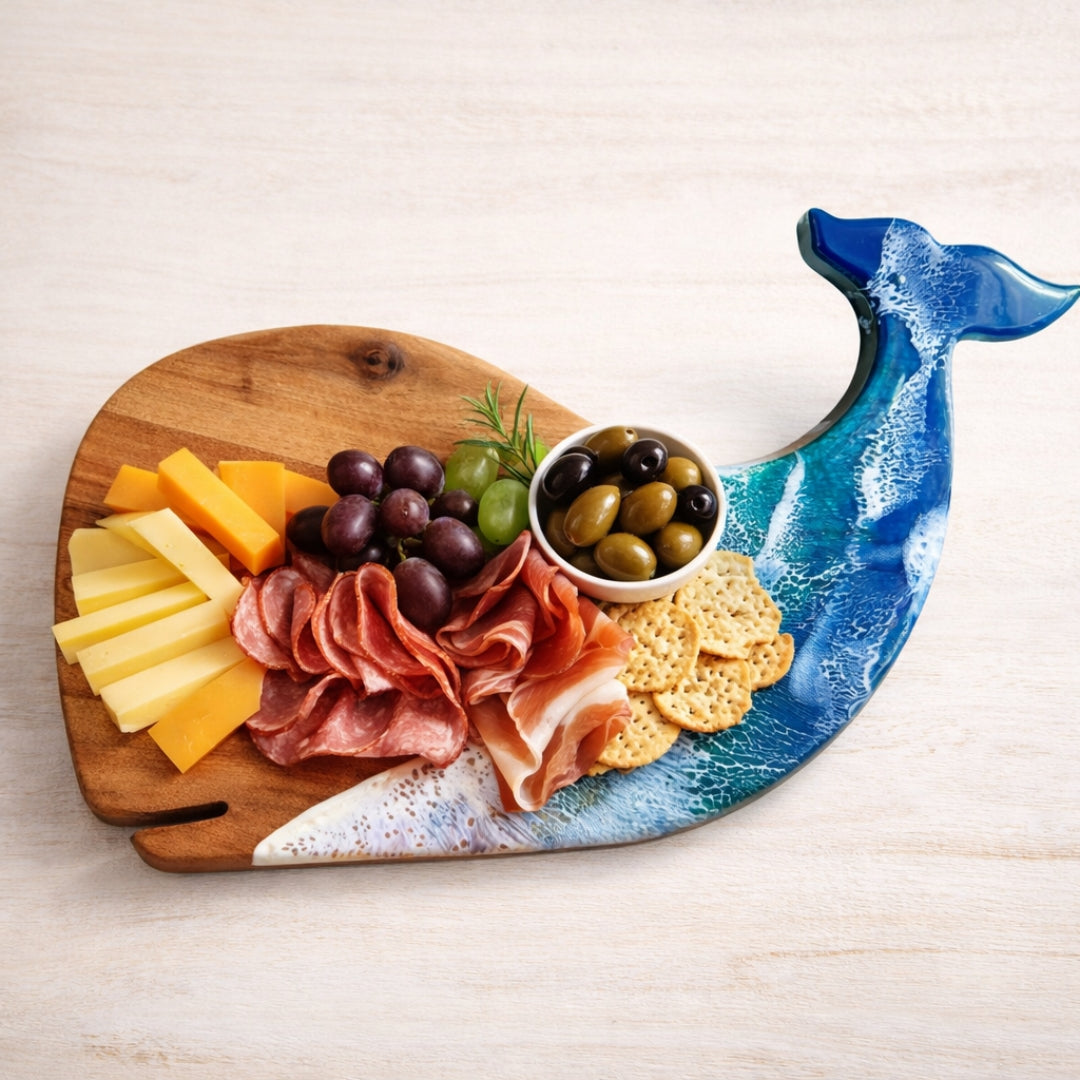 Whale Chopping Board – Handmade Acacia Serving Board with Ocean Resin Art | Personalized Gift | WDCTBF3