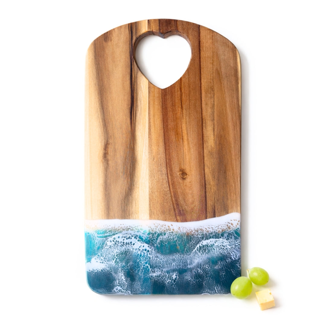 Ocean Heart Chopping Board – Handmade Acacia Serving Board with Ocean Resin Art | Personalized Gift | WDCTBH2
