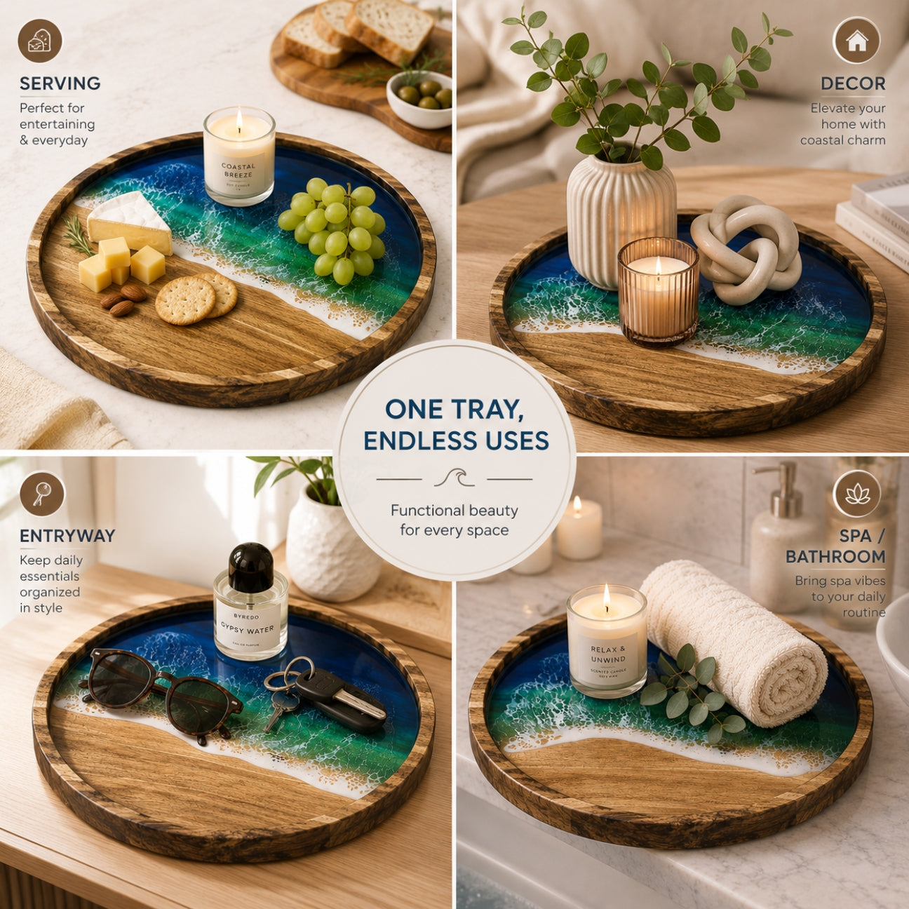 Ocean Resin Round Serving Tray – Handmade Acacia Wood | Housewarming Gift, Anniversary Gift | WDTRAY82