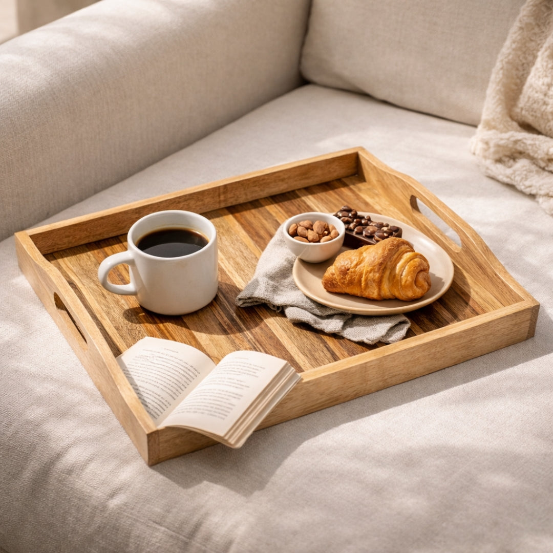 Acacia Wood Serving Tray with Solid Wood Inlay | Gift for Christmas and Family, Housewarming, Anniversary, Home Decor |  WDTRAY06