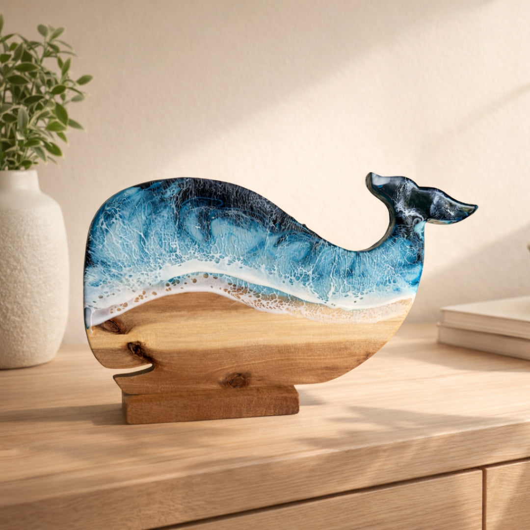 Wooden Whale Decor, Ocean Resin Art, Custom Engraved Coastal Home Housewarming Gift | WDWF1