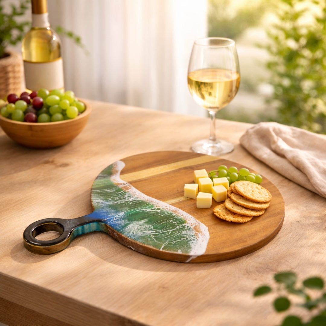 Ocean Wave Round Chopping Board – Handmade Acacia Wood | Personalized Gift | WDCTB10