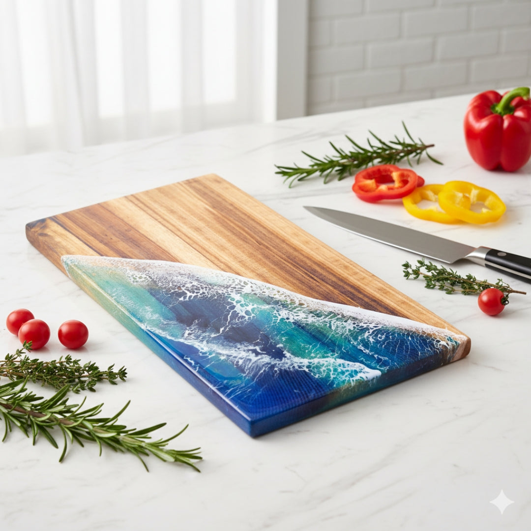 Ocean Resin Acacia Wood Chopping Board – Handmade Coastal Serving Board | Personalized Gift | WDCTB10F