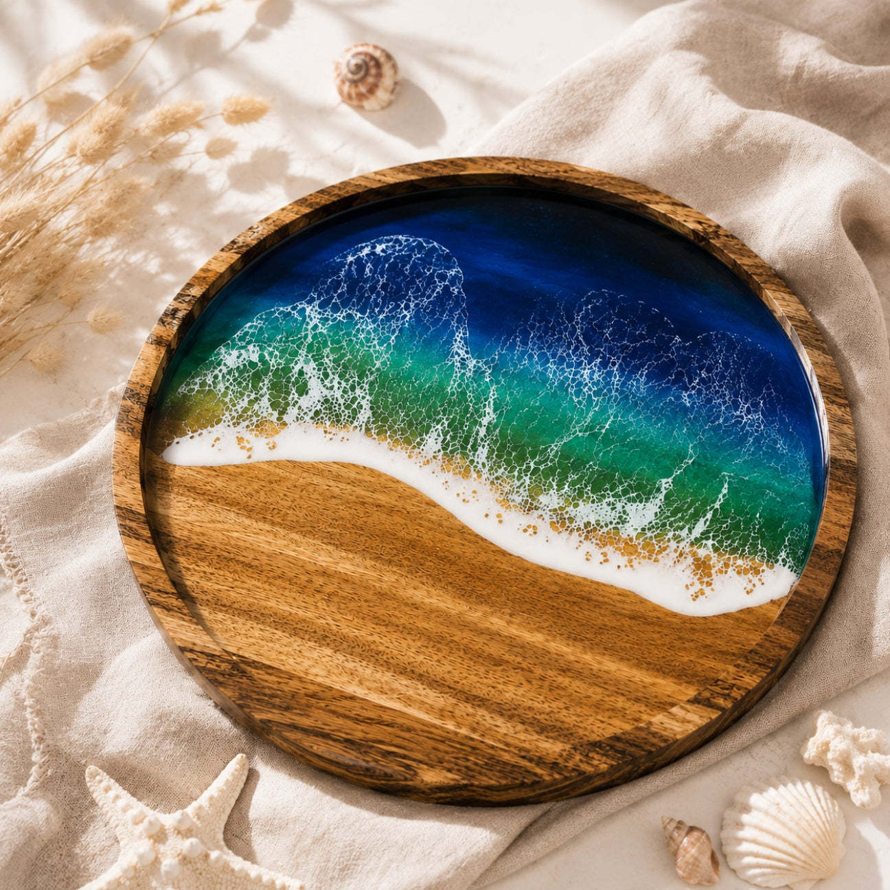 Ocean Resin Round Serving Tray – Handmade Acacia Wood | Housewarming Gift, Anniversary Gift | WDTRAY82