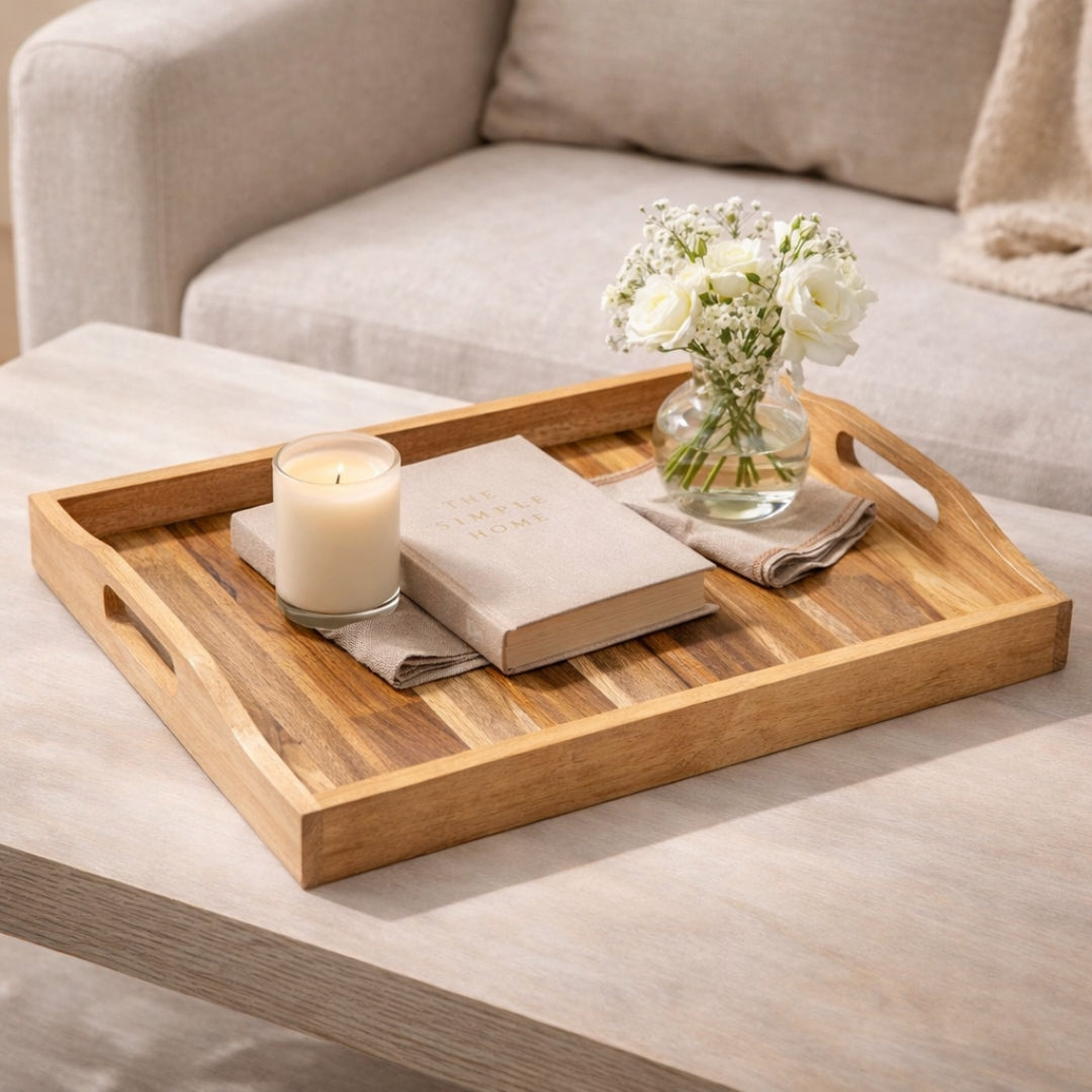 Acacia Wood Serving Tray with Solid Wood Inlay | Gift for Christmas and Family, Housewarming, Anniversary, Home Decor |  WDTRAY06