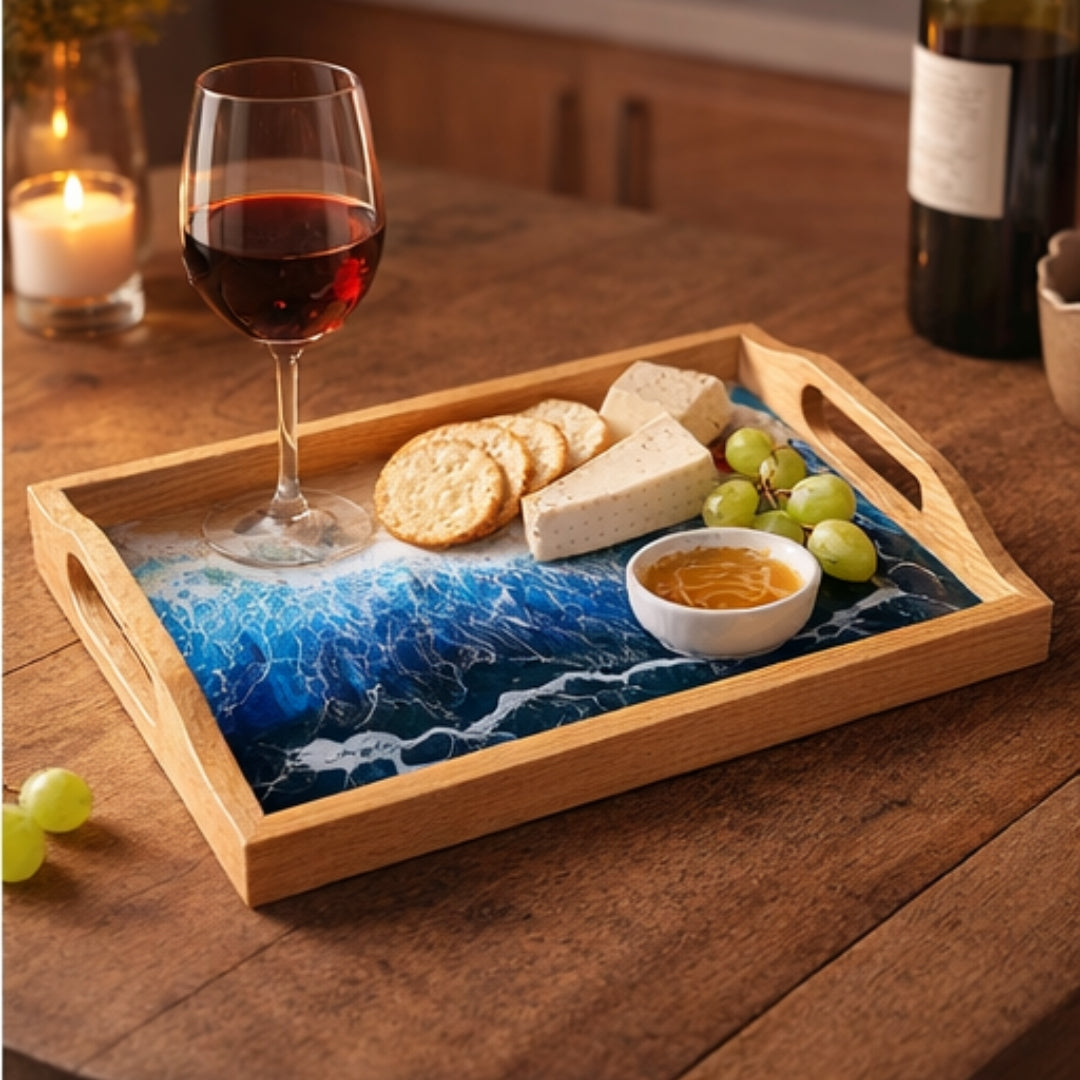 Rectangular Coastal Ocean Resin Tray – Handmade Acacia Wood | Home Decor, Housewarming Gift, Anniversary Gift | WDTRAY05