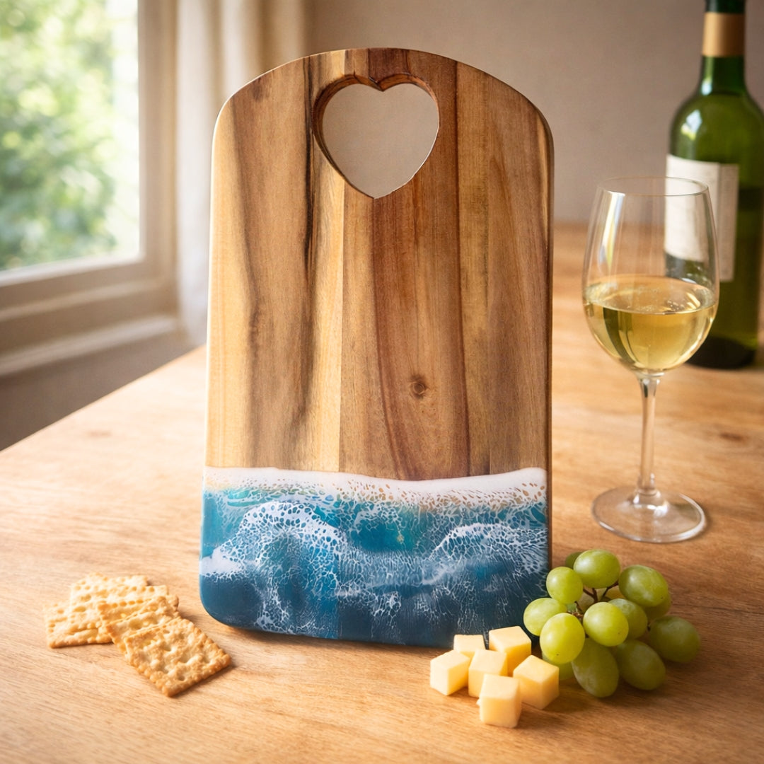 Ocean Heart Chopping Board – Handmade Acacia Serving Board with Ocean Resin Art | Personalized Gift | WDCTBH2