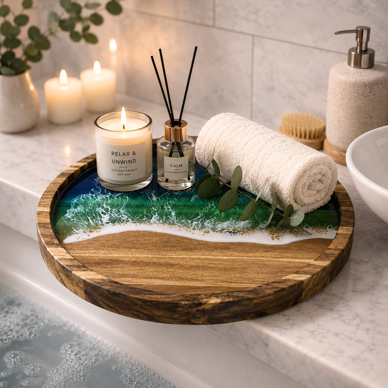 Ocean Resin Round Serving Tray – Handmade Acacia Wood | Housewarming Gift, Anniversary Gift | WDTRAY82