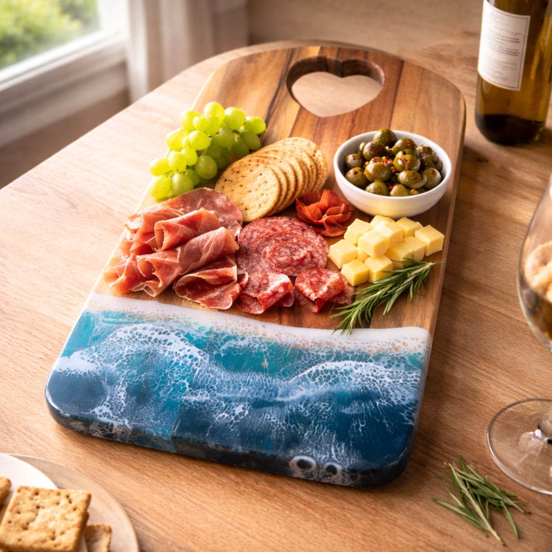 Ocean Heart Chopping Board – Handmade Acacia Serving Board with Ocean Resin Art | Personalized Gift | WDCTBH2
