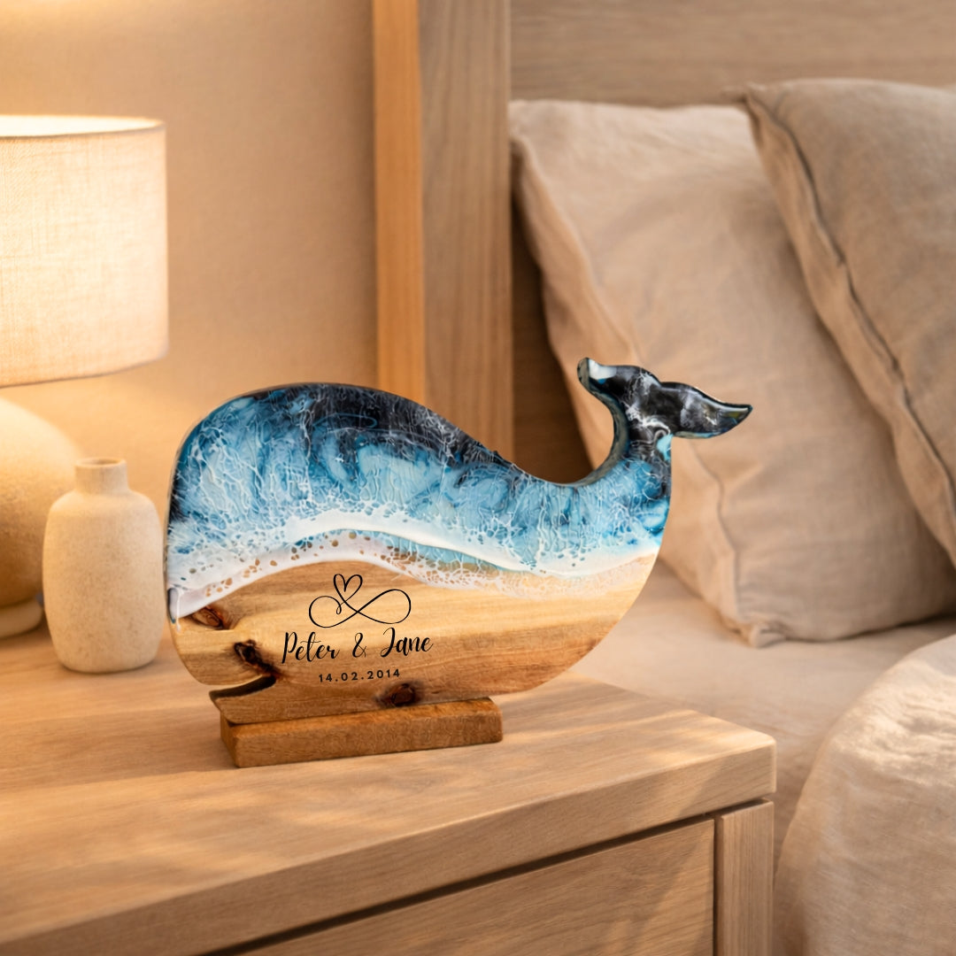 Wooden Whale Decor, Ocean Resin Art, Custom Engraved Coastal Home Housewarming Gift | WDWF1