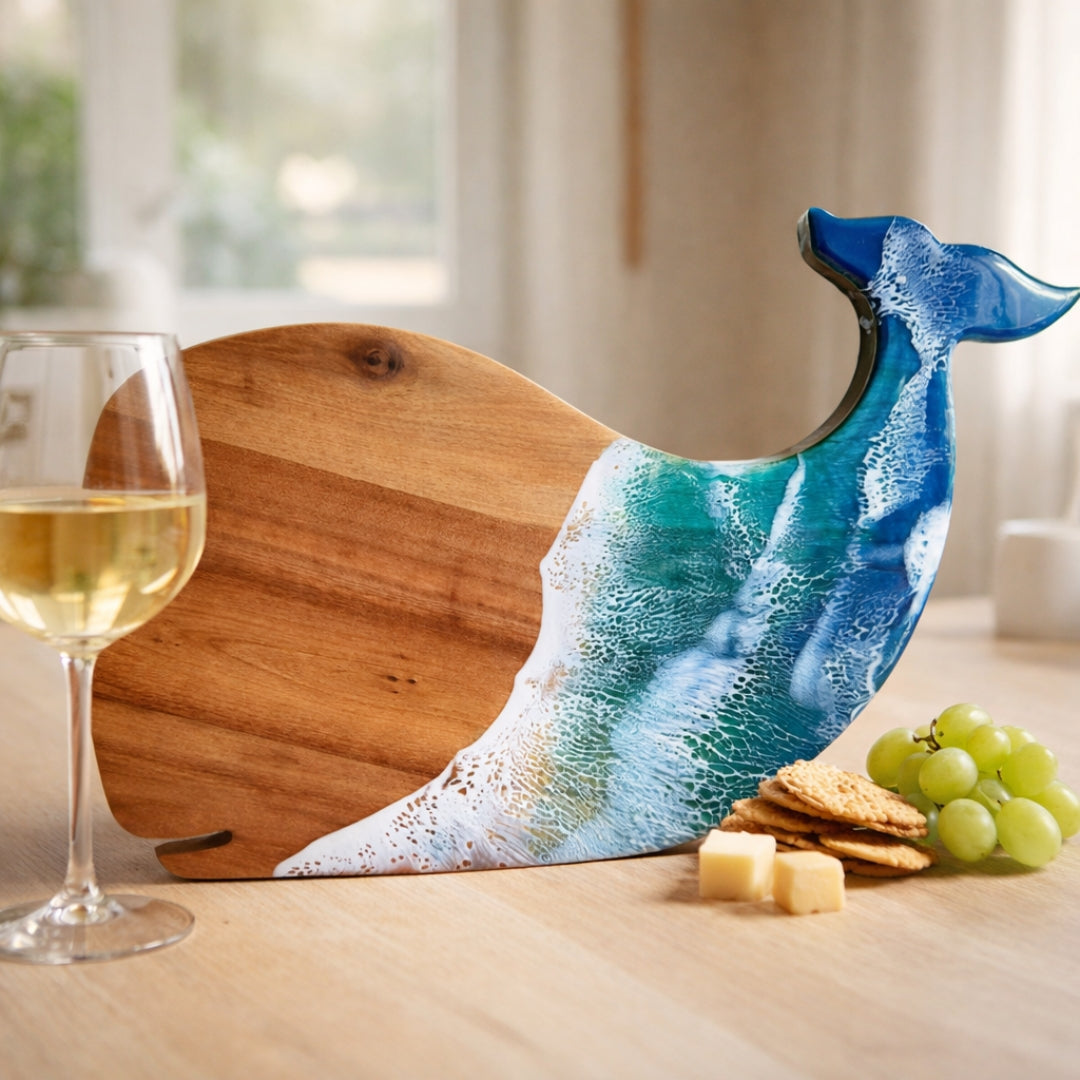Whale Chopping Board – Handmade Acacia Serving Board with Ocean Resin Art | Personalized Gift | WDCTBF3