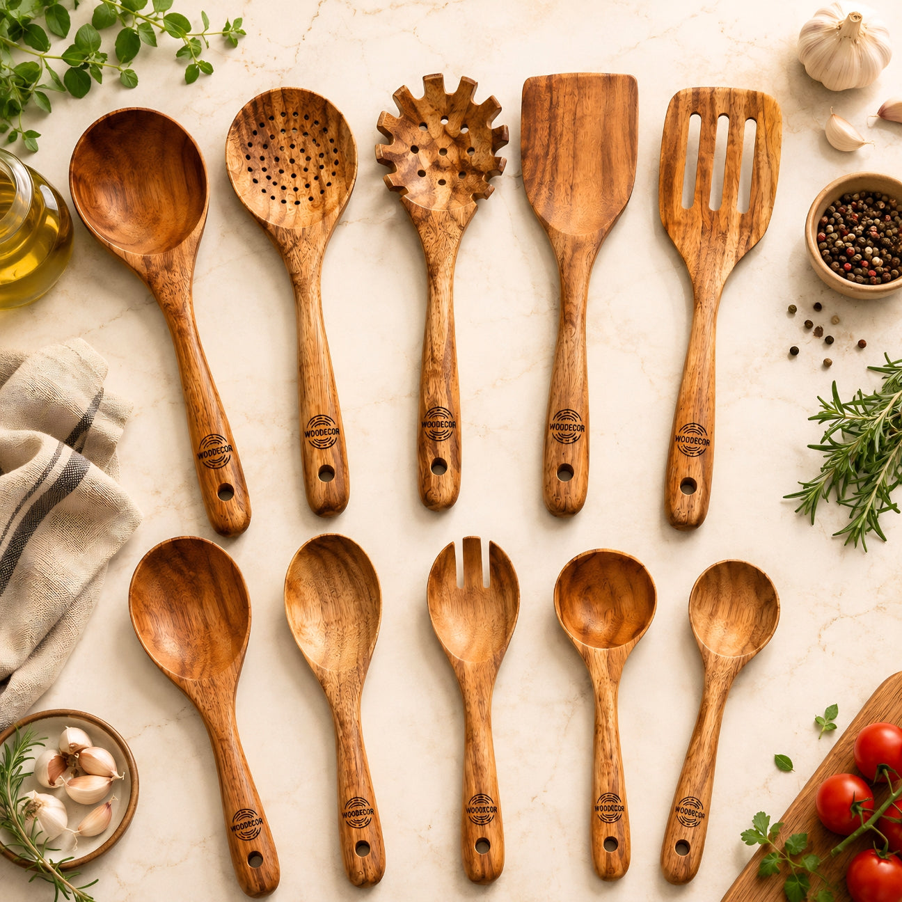 10-Piece Teak Wood Kitchen Utensil Set – Premium Cooking Tools Set | WDUSET10