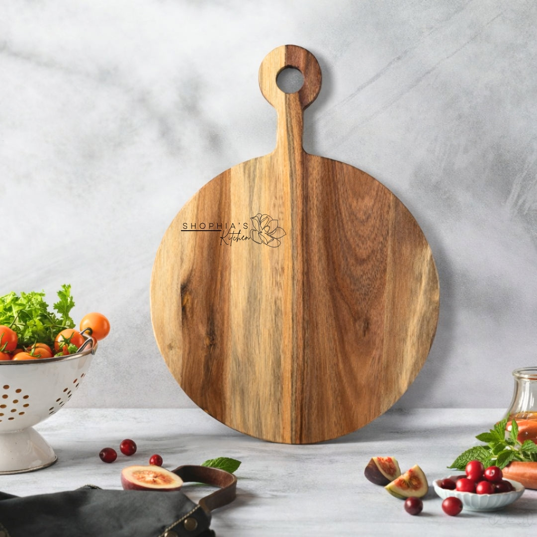 Round Acacia Wood Chopping Board – Rustic Charcuterie Serving Board | Personalized Gift | WDCTB10F