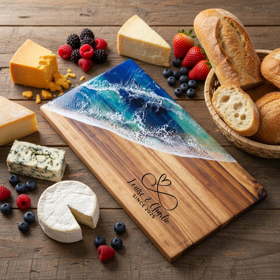 Ocean Resin Acacia Wood Chopping Board – Handmade Coastal Serving Board | Personalized Gift | WDCTB10F