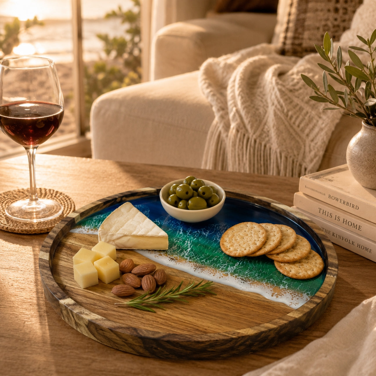 Ocean Resin Round Serving Tray – Handmade Acacia Wood | Housewarming Gift, Anniversary Gift | WDTRAY82