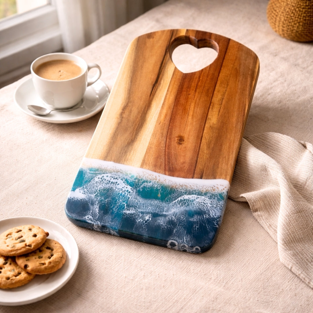 Ocean Heart Chopping Board – Handmade Acacia Serving Board with Ocean Resin Art | Personalized Gift | WDCTBH2