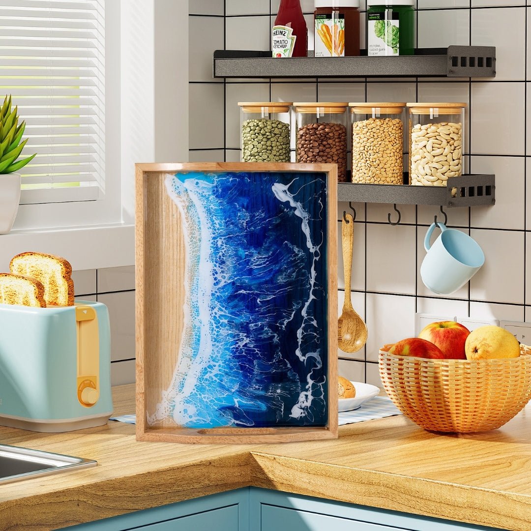 Rectangular Coastal Ocean Resin Tray – Handmade Acacia Wood | Home Decor, Housewarming Gift, Anniversary Gift | WDTRAY05