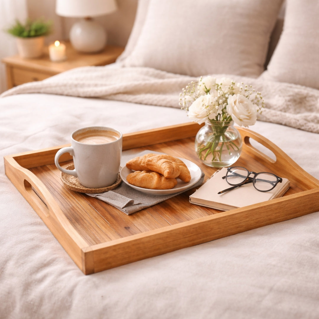Acacia Wood Serving Tray with Solid Wood Inlay | Gift for Christmas and Family, Housewarming, Anniversary, Home Decor |  WDTRAY06