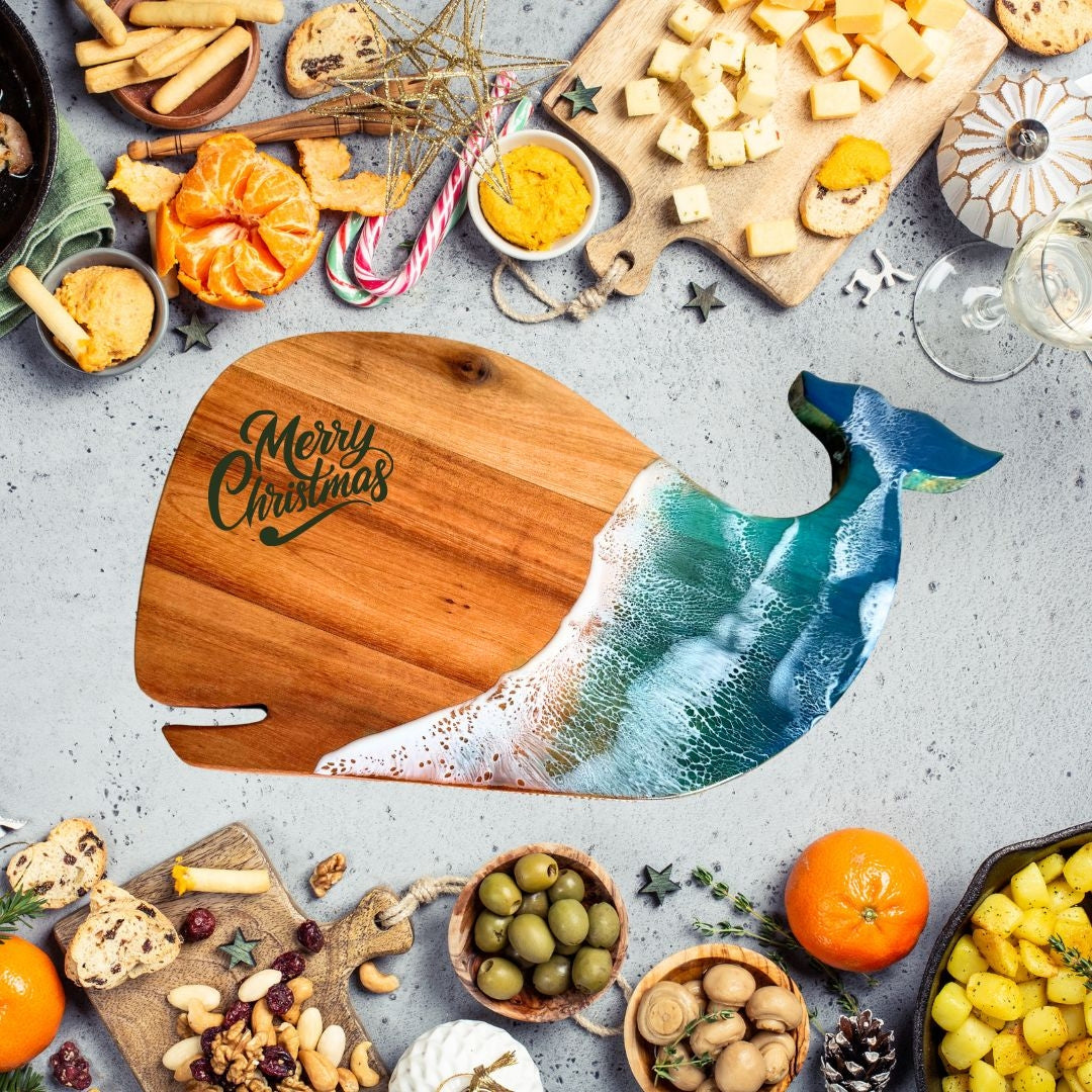 Whale Chopping Board – Handmade Acacia Serving Board with Ocean Resin Art | Personalized Gift | WDCTBF3