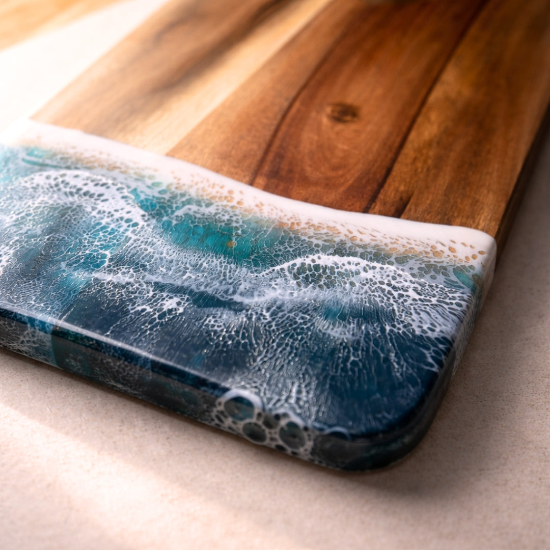 Ocean Heart Chopping Board – Handmade Acacia Serving Board with Ocean Resin Art | Personalized Gift | WDCTBH2