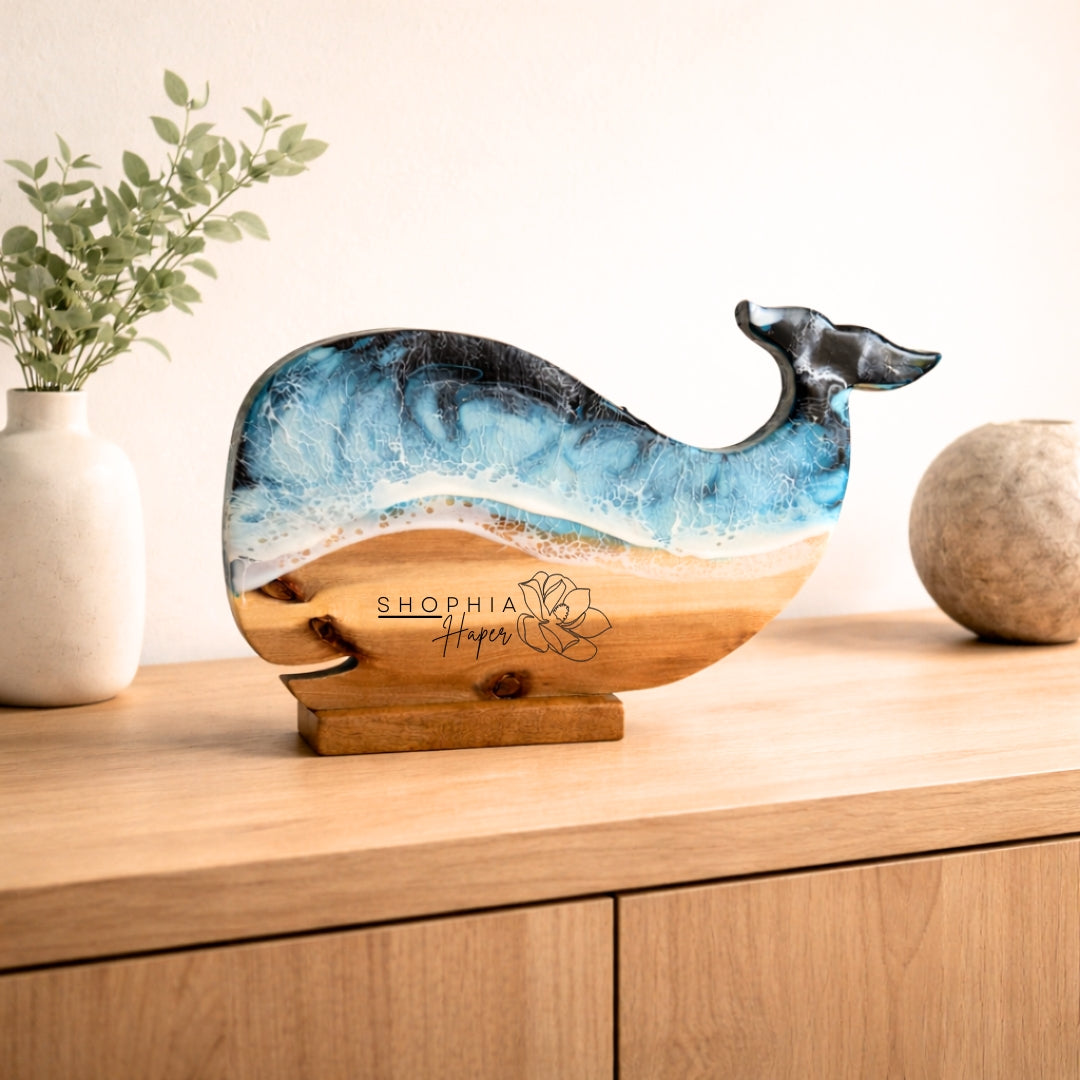 Wooden Whale Decor, Ocean Resin Art, Custom Engraved Coastal Home Housewarming Gift | WDWF1