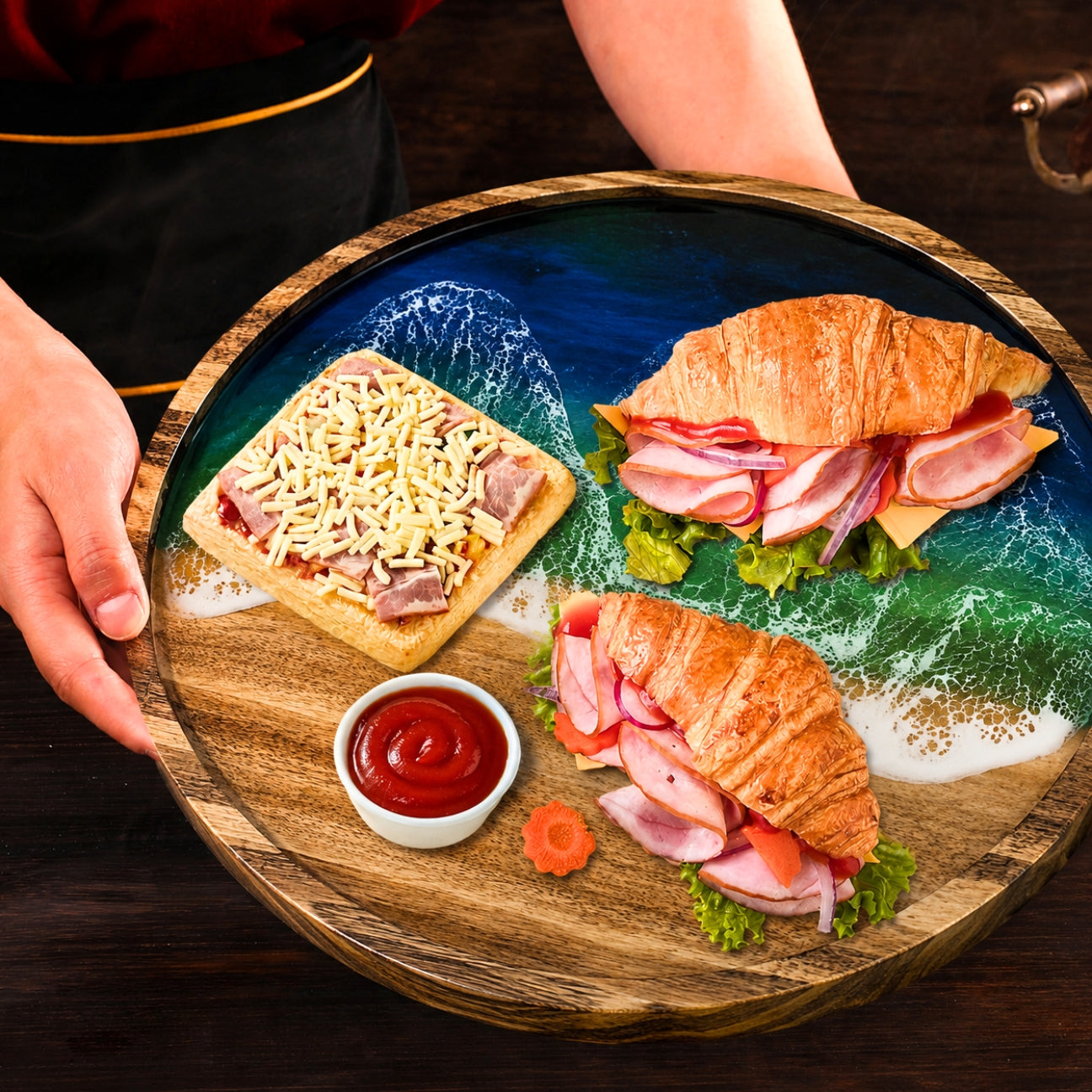 Ocean Resin Round Serving Tray – Handmade Acacia Wood | Housewarming Gift, Anniversary Gift | WDTRAY82