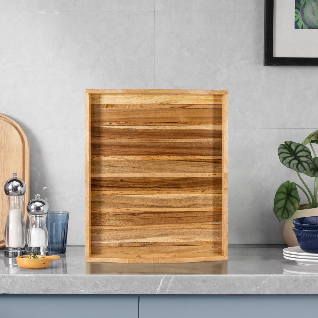 Acacia Wood Serving Tray with Solid Wood Inlay | Gift for Christmas and Family, Housewarming, Anniversary, Home Decor |  WDTRAY06