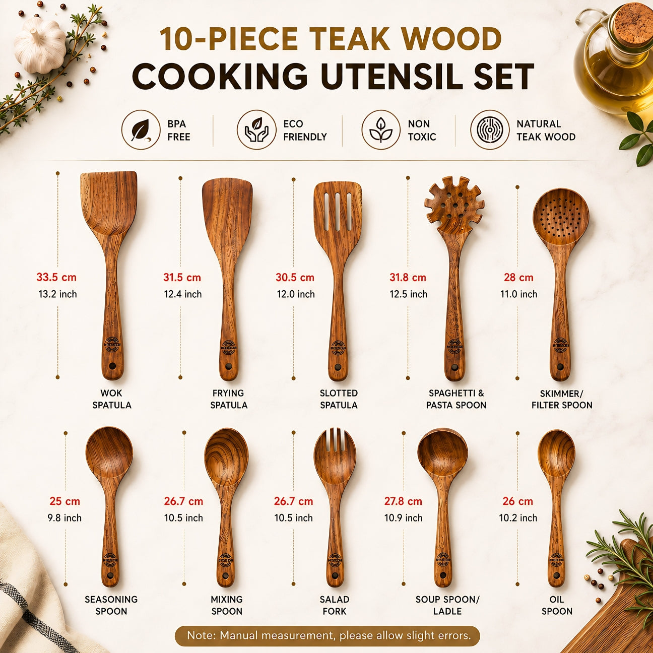 10-Piece Teak Wood Kitchen Utensil Set – Premium Cooking Tools Set | WDUSET10