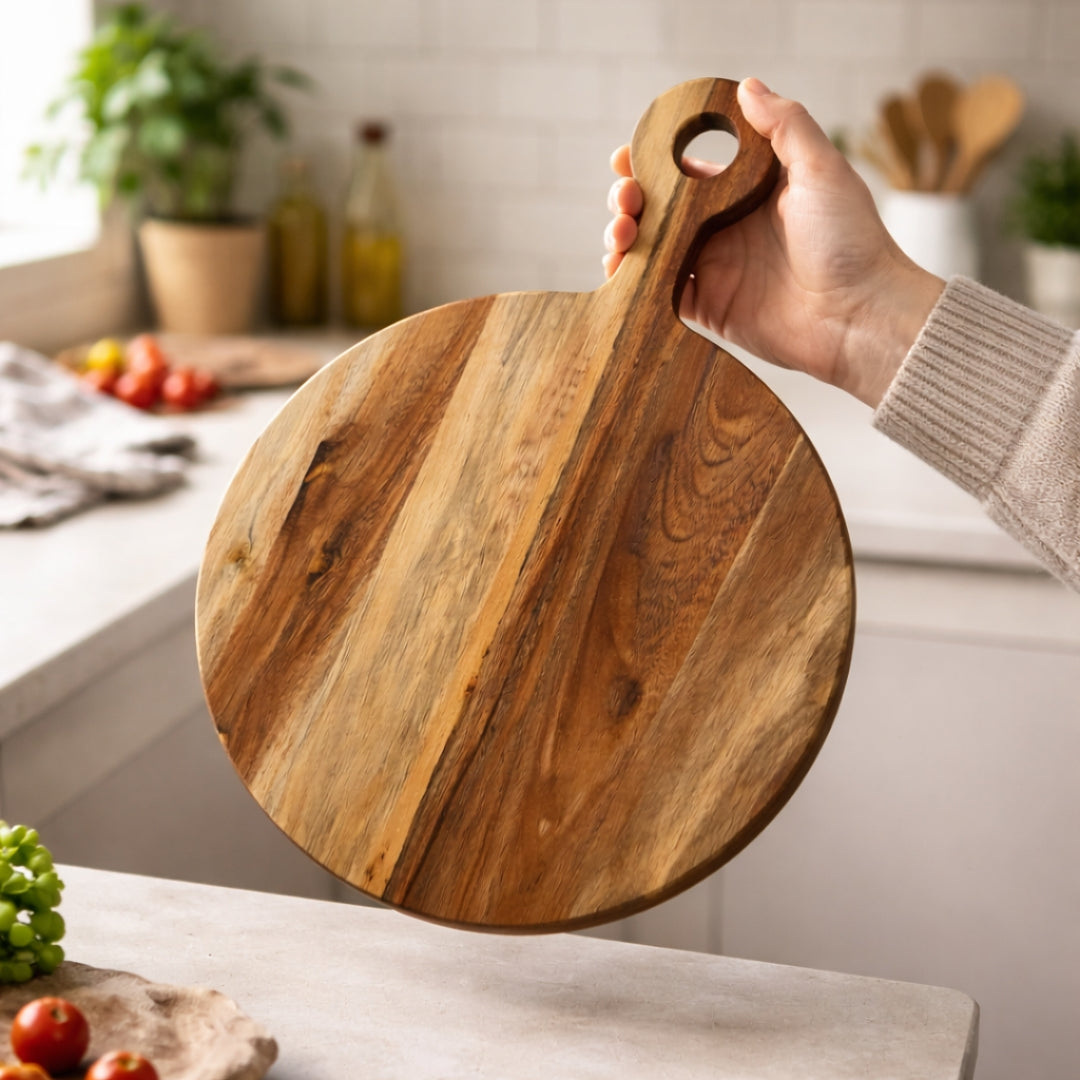 Round Acacia Wood Chopping Board – Rustic Charcuterie Serving Board | Personalized Gift | WDCTB10F
