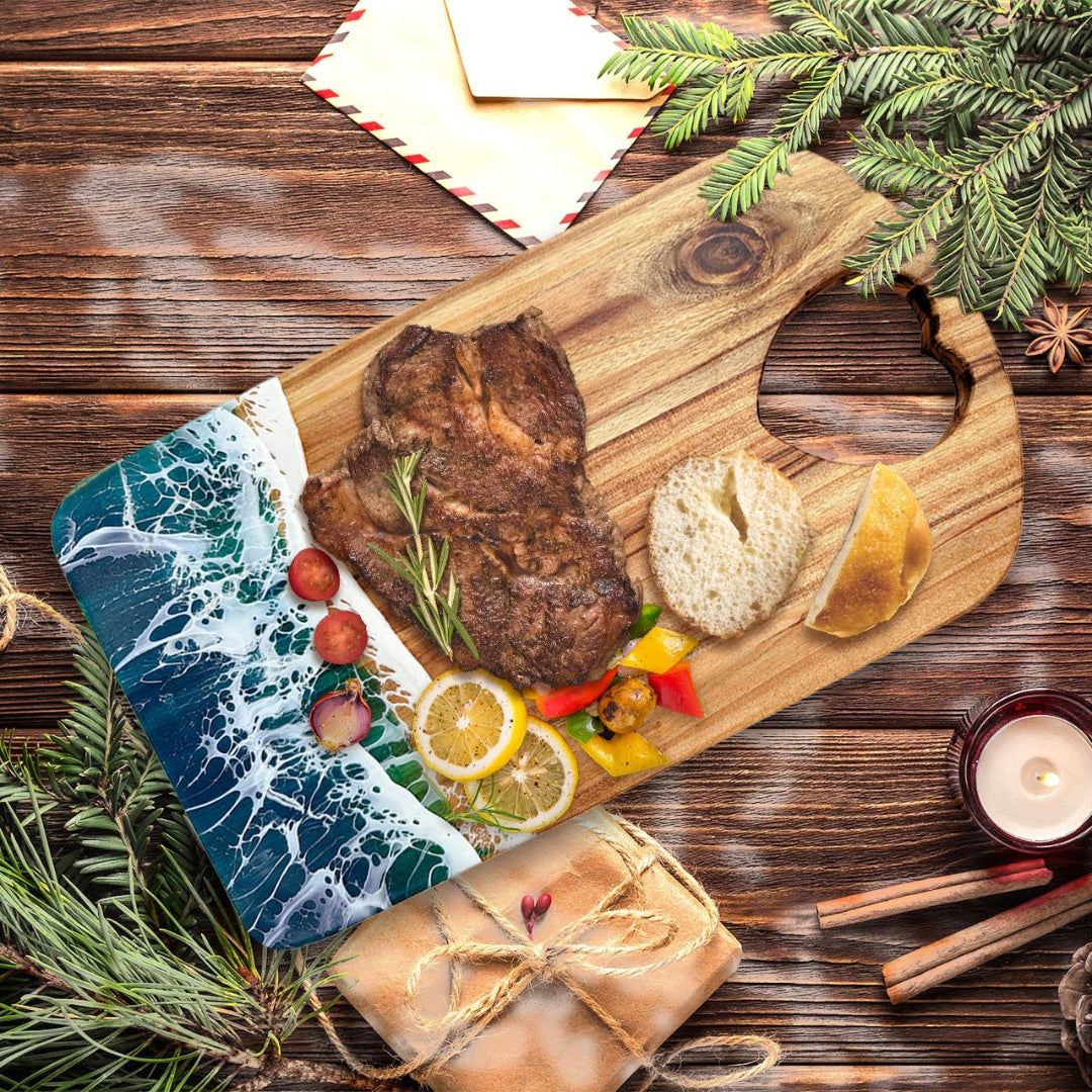 Ocean Heart Chopping Board – Handmade Acacia Serving Board with Ocean Resin Art | Personalized Gift | WDCTBH2