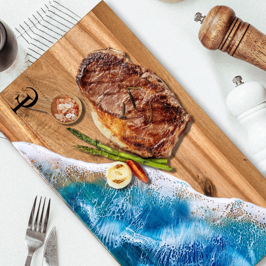 Ocean Resin Acacia Wood Chopping Board – Handmade Coastal Serving Board | Personalized Gift | WDCTB10F