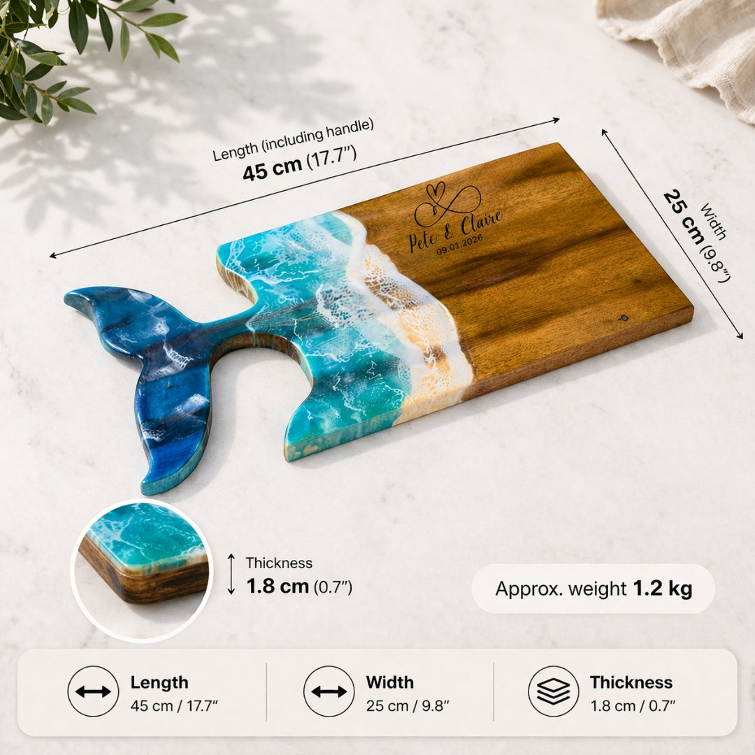 Whale Tail Ocean Resin Chopping Board – Coastal Acacia Wood Serving Board | Personalized Gift | WDCTBF1