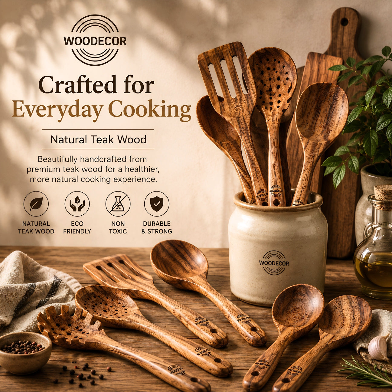 10-Piece Teak Wood Kitchen Utensil Set – Premium Cooking Tools Set | WDUSET10