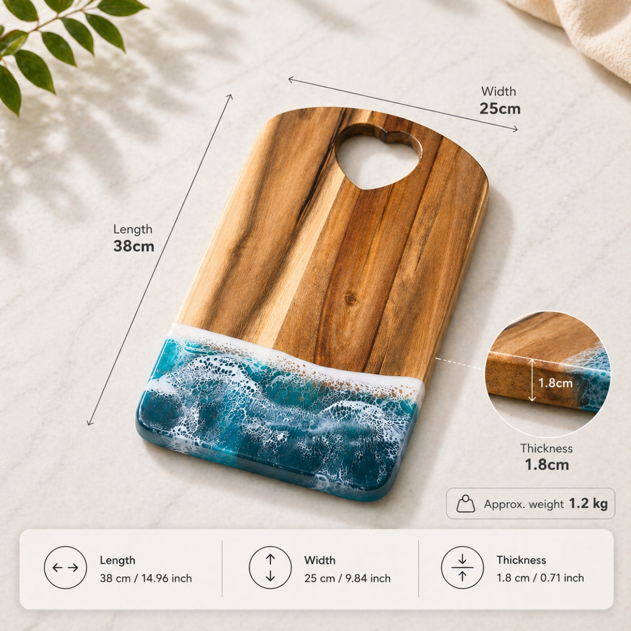 Ocean Heart Chopping Board – Handmade Acacia Serving Board with Ocean Resin Art | Personalized Gift | WDCTBH2