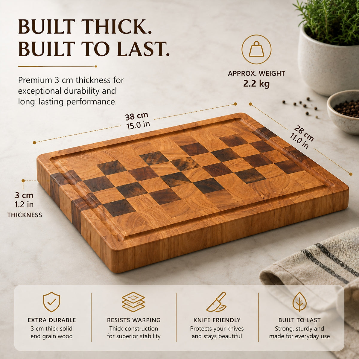 Checkerboard Acacia End Grain Board, 38x28x3 cm | WDA-CTB2617